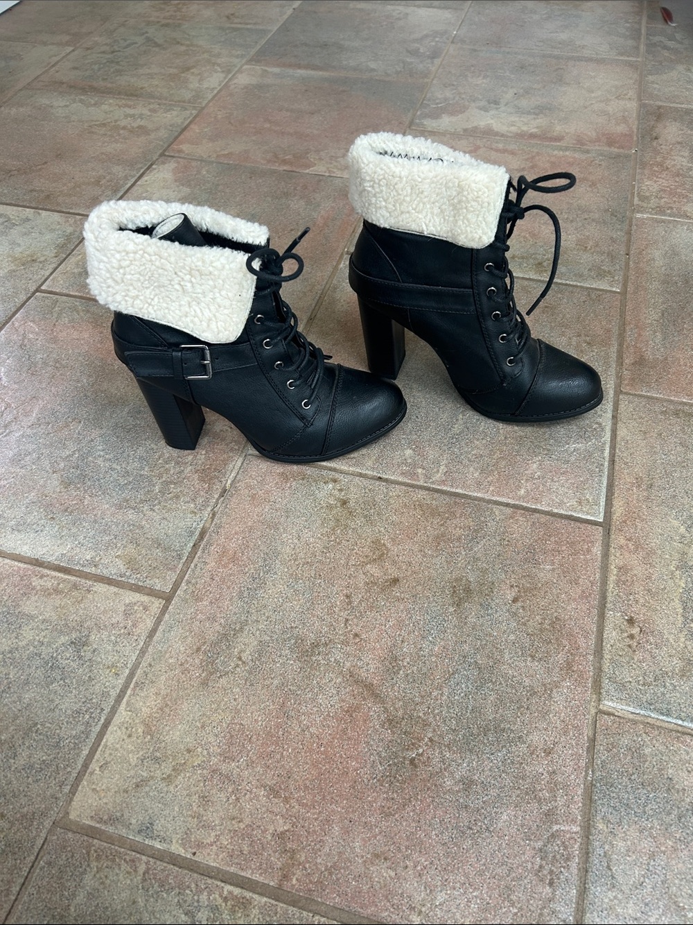 Lace-Up Black Heeled Ankle Boots with Cream Faux-Shearling Cuff